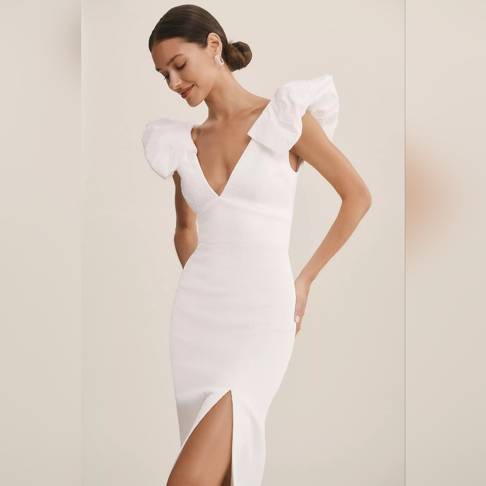 Rebecca Vallance Puff-Sleeve V-Neck Midi Dress